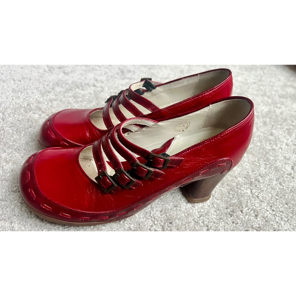 John Fluevog Hey Minstrel Red Leather Multi Strap Mary Jane Heels Size 7.5